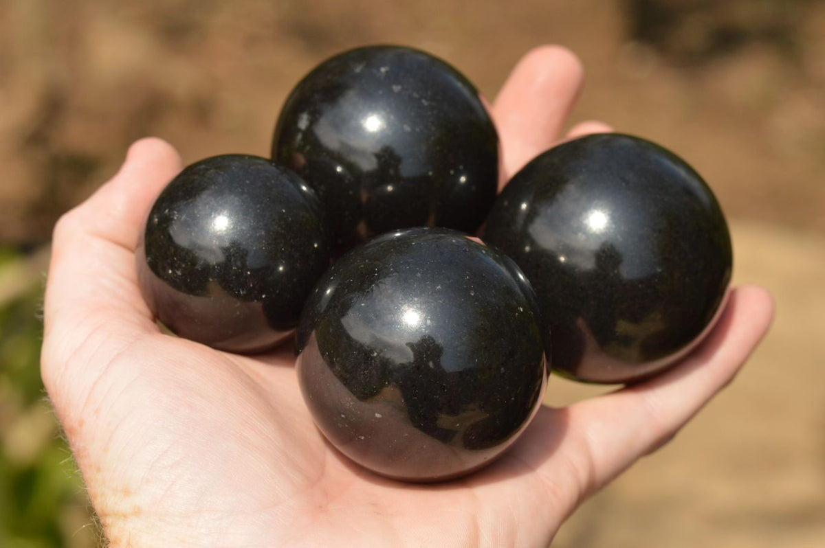 Polished Pitch Black Basalt Spheres (Heat Stable) x 5 From Madagascar - TopRock
