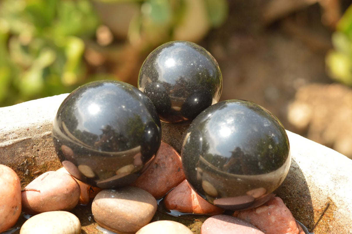 Polished Pitch Black Basalt Spheres (Heat Stable) x 5 From Madagascar - TopRock