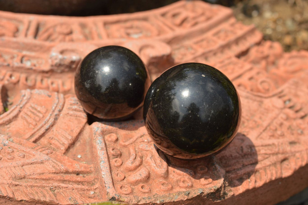 Polished Pitch Black Basalt Spheres (Heat Stable) x 5 From Madagascar - TopRock