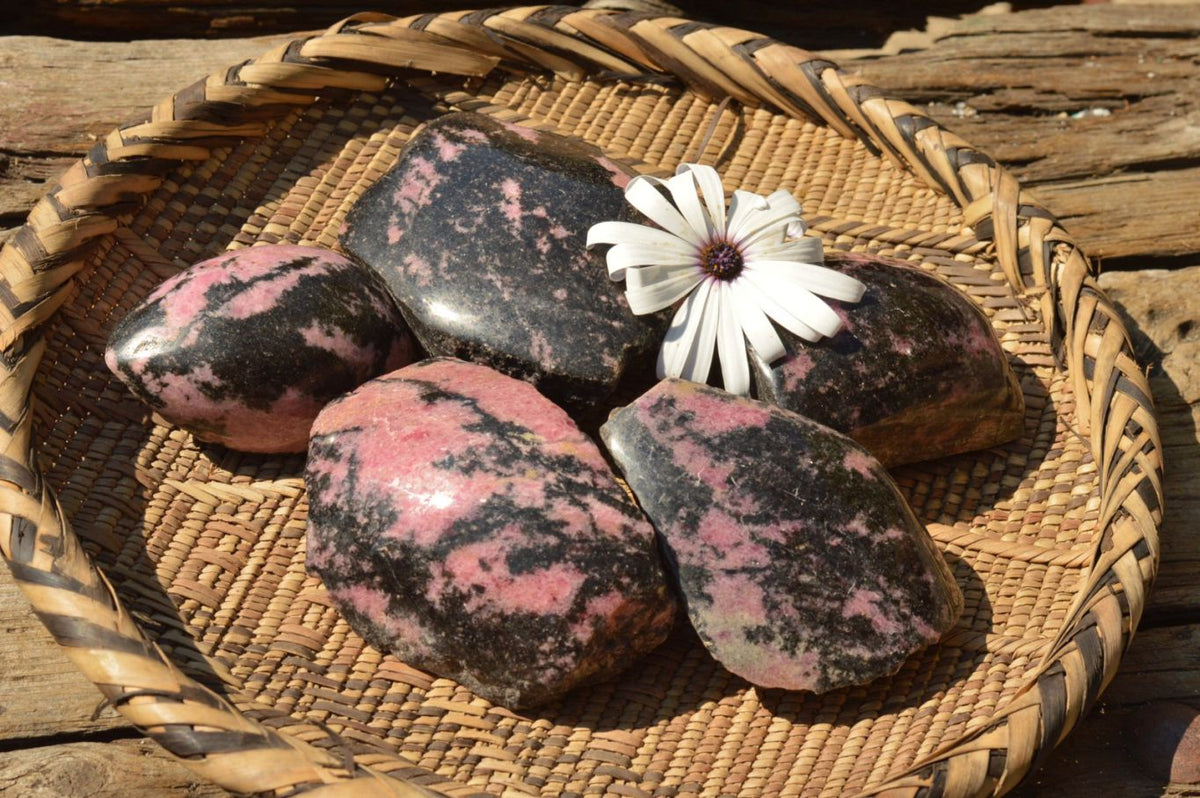 Polished Half Polished Pink & Black Rhodonite Free Forms x 5 From Ambindavato, Madagascar - TopRock