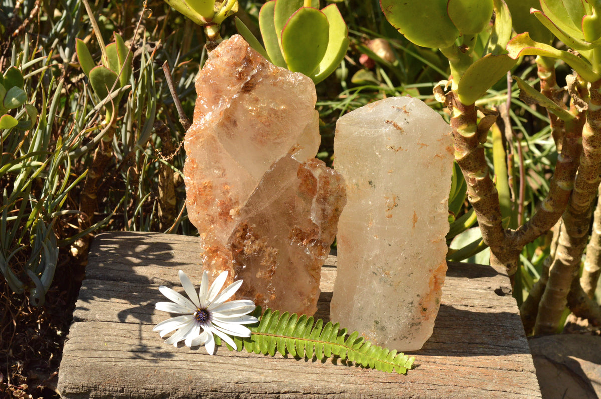 Polished Groovy Etched "Ice" Quartz Crystals With Green Chlorite & Brown Laterite Inclusions x 2 From Zimbabwe - TopRock