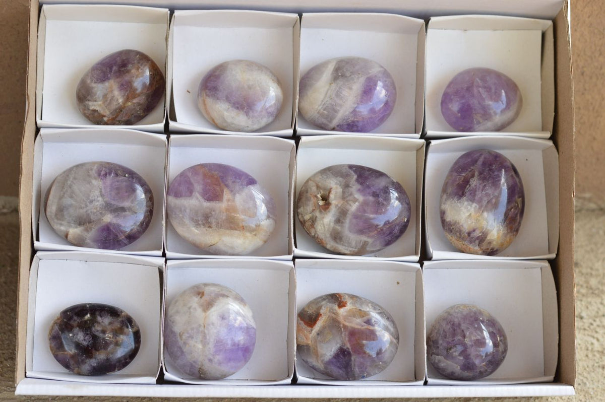Polished Amethyst Palm Stones With Smokey Patterns x 12 From Madagascar - TopRock