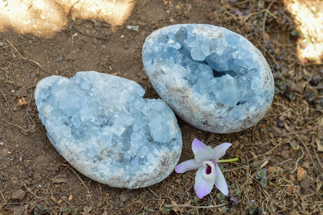 Polished Blue Celestite Eggs With Crystalline Centres x 2 From Sakoany, Madagascar - TopRock