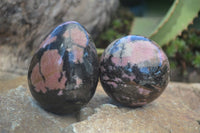 Polished Pink Rhodonite Sphere & Egg x 2 From Madagascar - Toprock Gemstones and Minerals