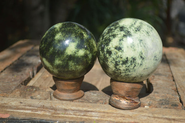 Polished Green Leopard Stone Spheres  x 2 From Zimbabwe - Toprock Gemstones and Minerals 