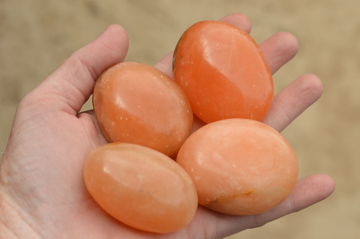 Polished Killer Bright Orange Twist Calcite Palm Stones x 12 From Madagascar - TopRock