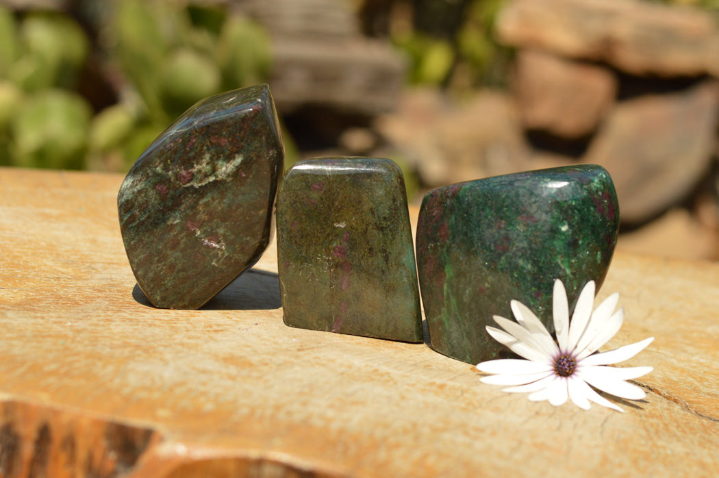 Polished Rare Fluorescent Green Verdite Ruby Corundum Free Forms x 3 From Zimbabwe - TopRock