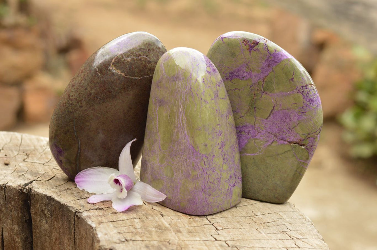 Polished Stichtite & Green Serpentine (Atlantisite) Standing Free Forms x 3 From Barberton, South Africa - TopRock