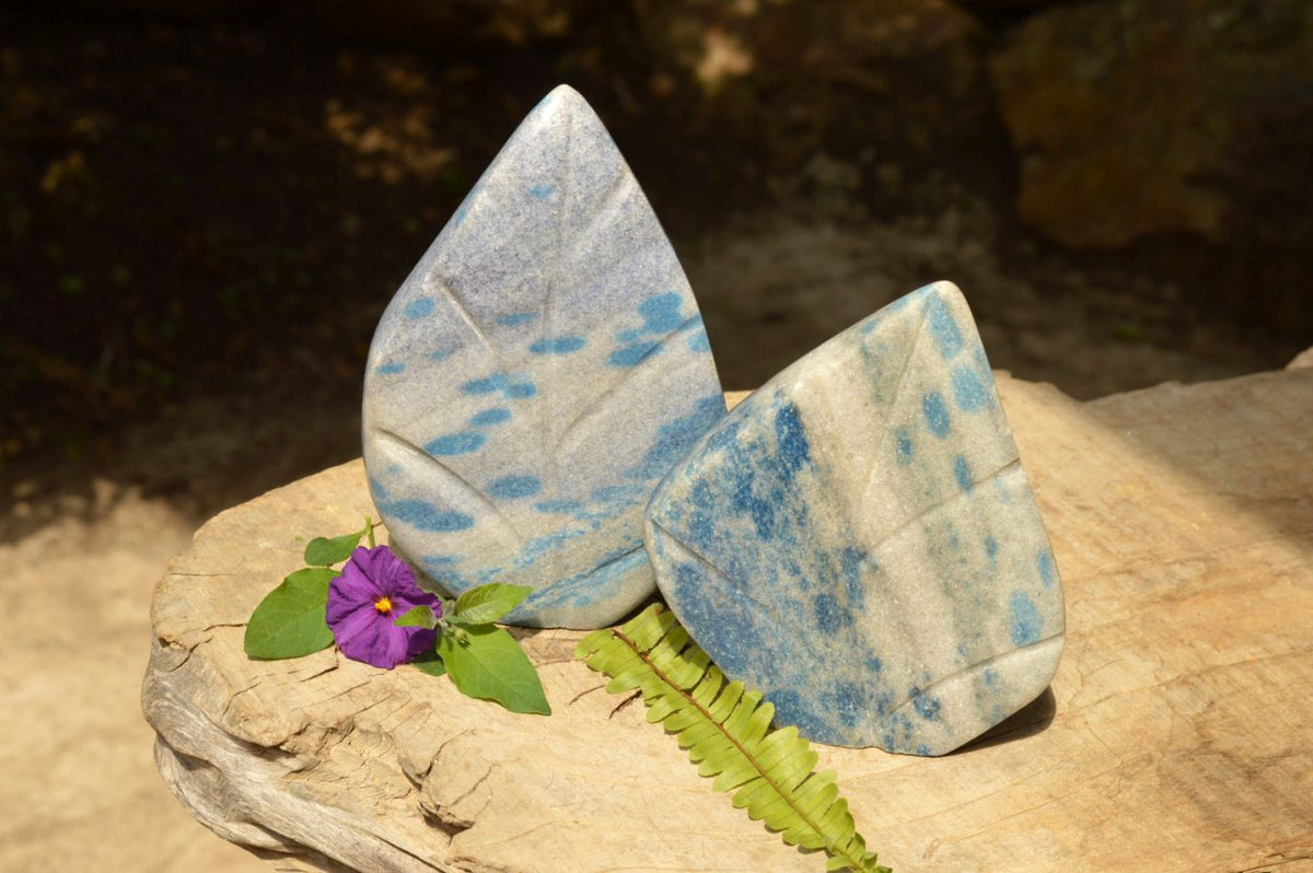 Polished Small Leaf Carvings with Blue Spotted Spinel in Matrix x 2 From Madagascar - TopRock