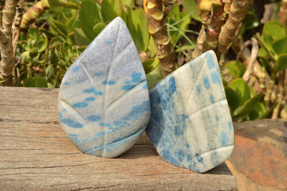 Polished Small Leaf Carvings with Blue Spotted Spinel in Matrix x 2 From Madagascar - TopRock