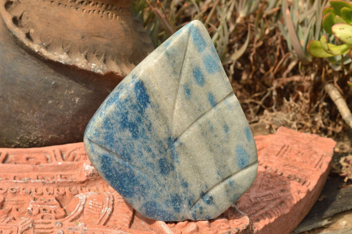 Polished Small Leaf Carvings with Blue Spotted Spinel in Matrix x 2 From Madagascar - TopRock