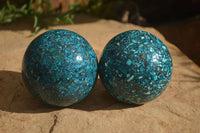 Polished Conglomerate Chrysocolla Spheres With Azurite & Malachite x 2 From Congo - Toprock Gemstones and Minerals