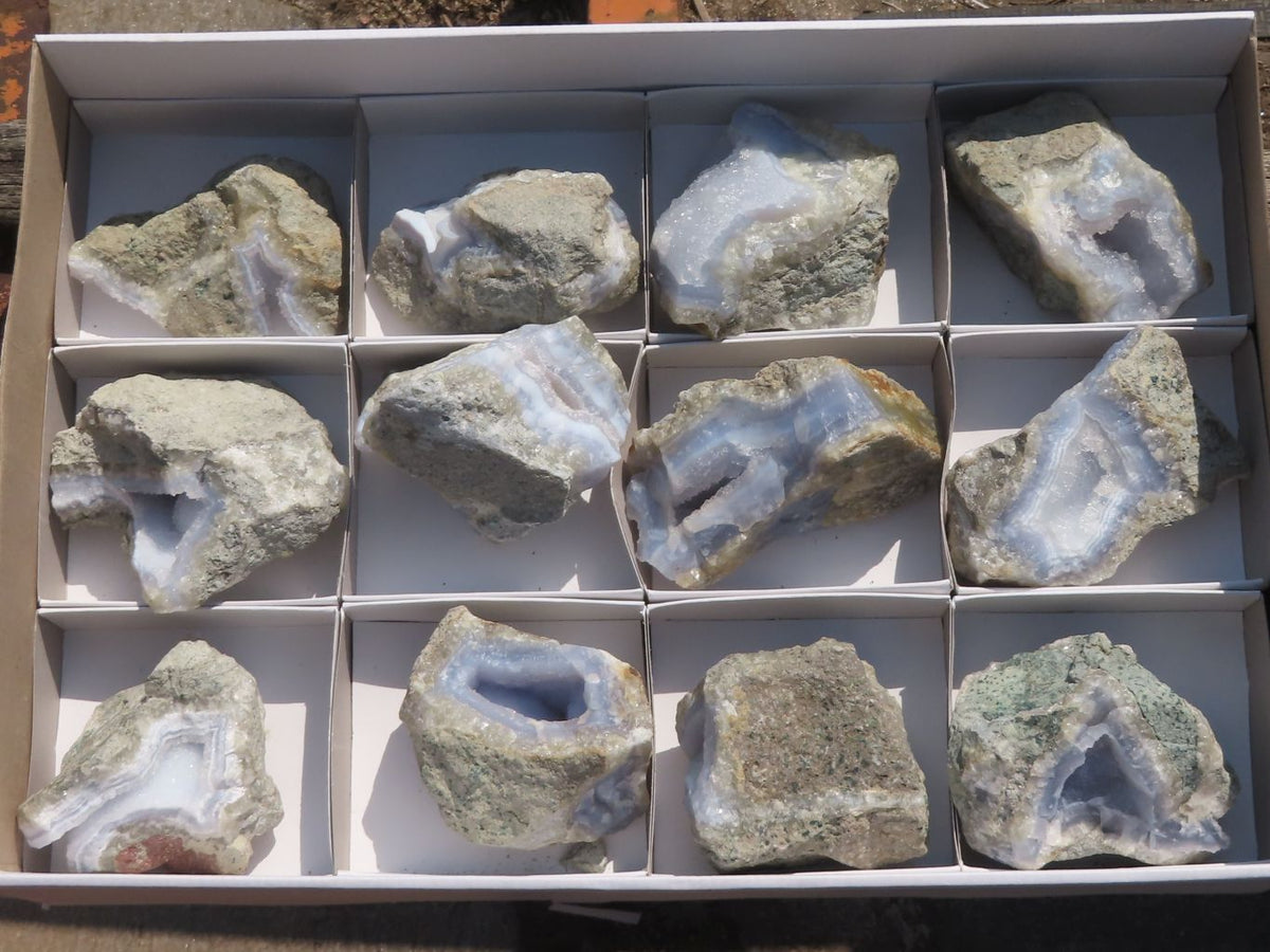 Natural Blue Lace Agate Geode Specimens x 12 From Nsanje, Malawi - TopRock
