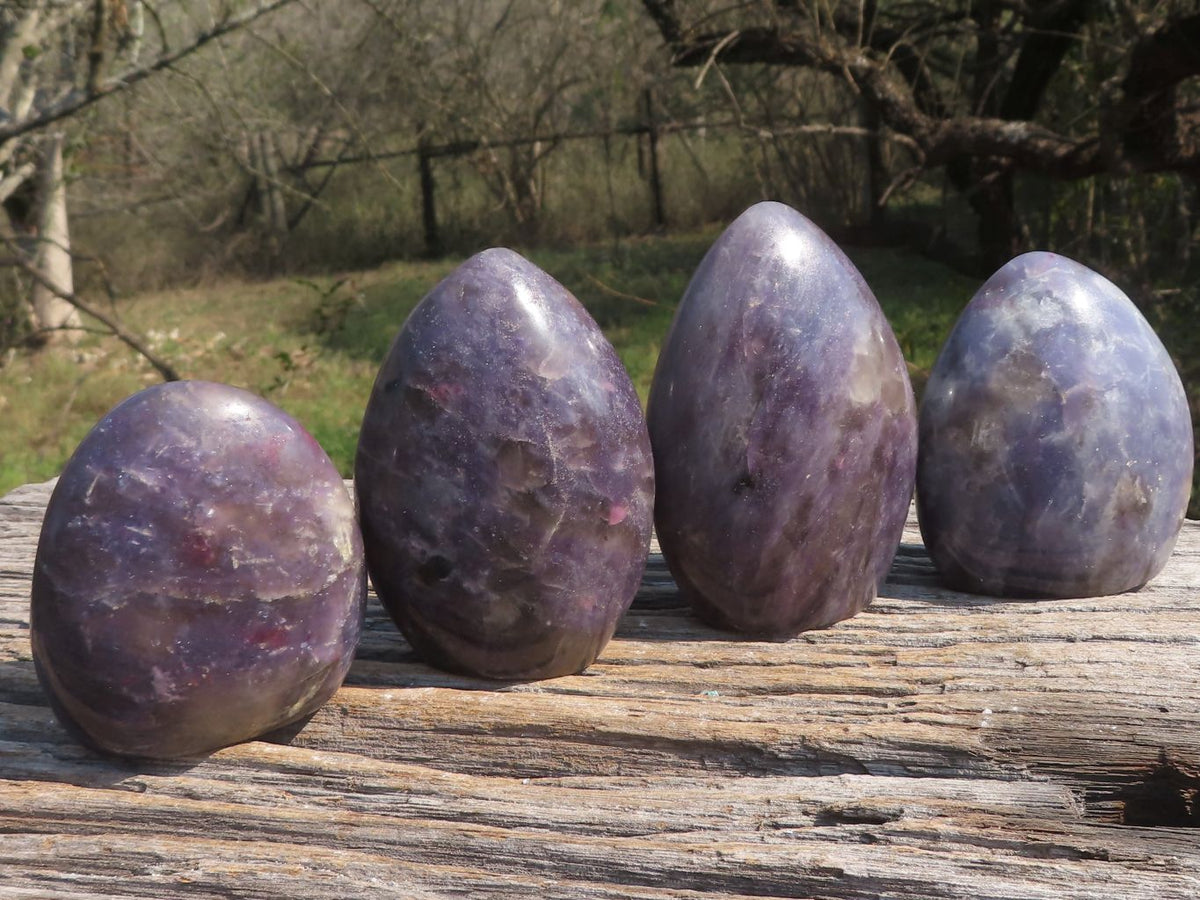 Polished Deep Purple Lepidolite Standing Free Forms With Pink Rubellite Inclusions x 4 From Madagascar - TopRock