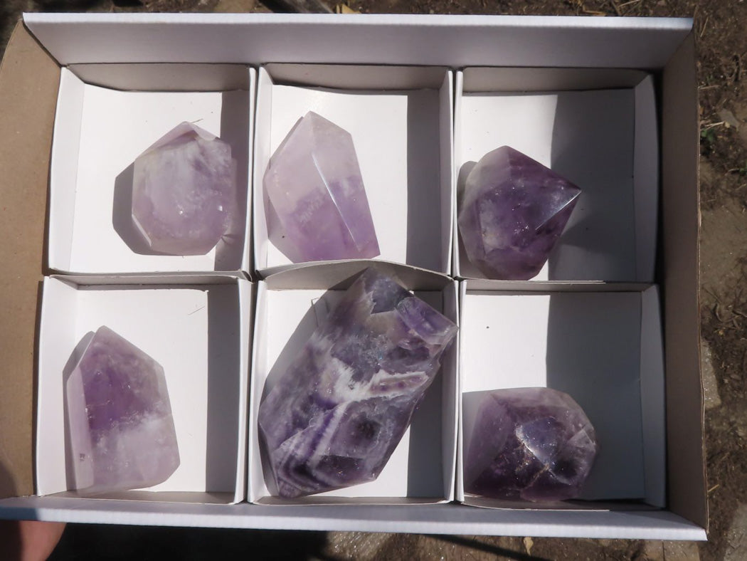 Polished Small Gemmy Dream and Classic Chevron Amethyst Points x 6 From Kolomo, Zambia - TopRock
