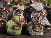 Polished Leopard stone "Great Zimbabwe Bird" Pendant with Copper Wire Wrap and Thong - sold per piece - From Zimbabwe - TopRock