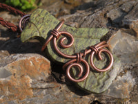 Polished Leopard stone "Great Zimbabwe Bird" Pendant with Copper Wire Wrap and Thong - sold per piece - From Zimbabwe - TopRock