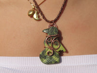 Polished Leopard stone "Great Zimbabwe Bird" Pendant with Copper Wire Wrap and Thong - sold per piece - From Zimbabwe - TopRock