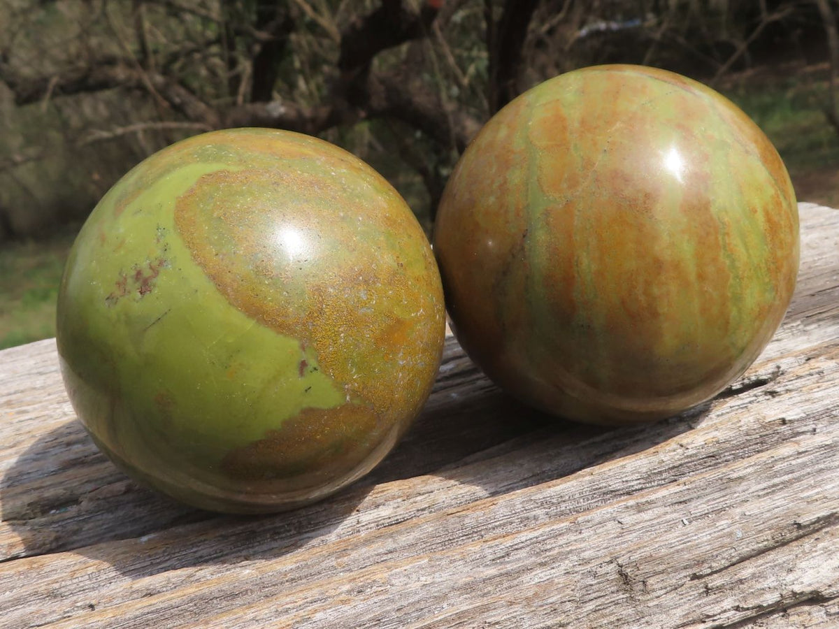Polished Larger Light Weight Green Opal with Brown Patterns Spheres x 2 From Madagascar - TopRock