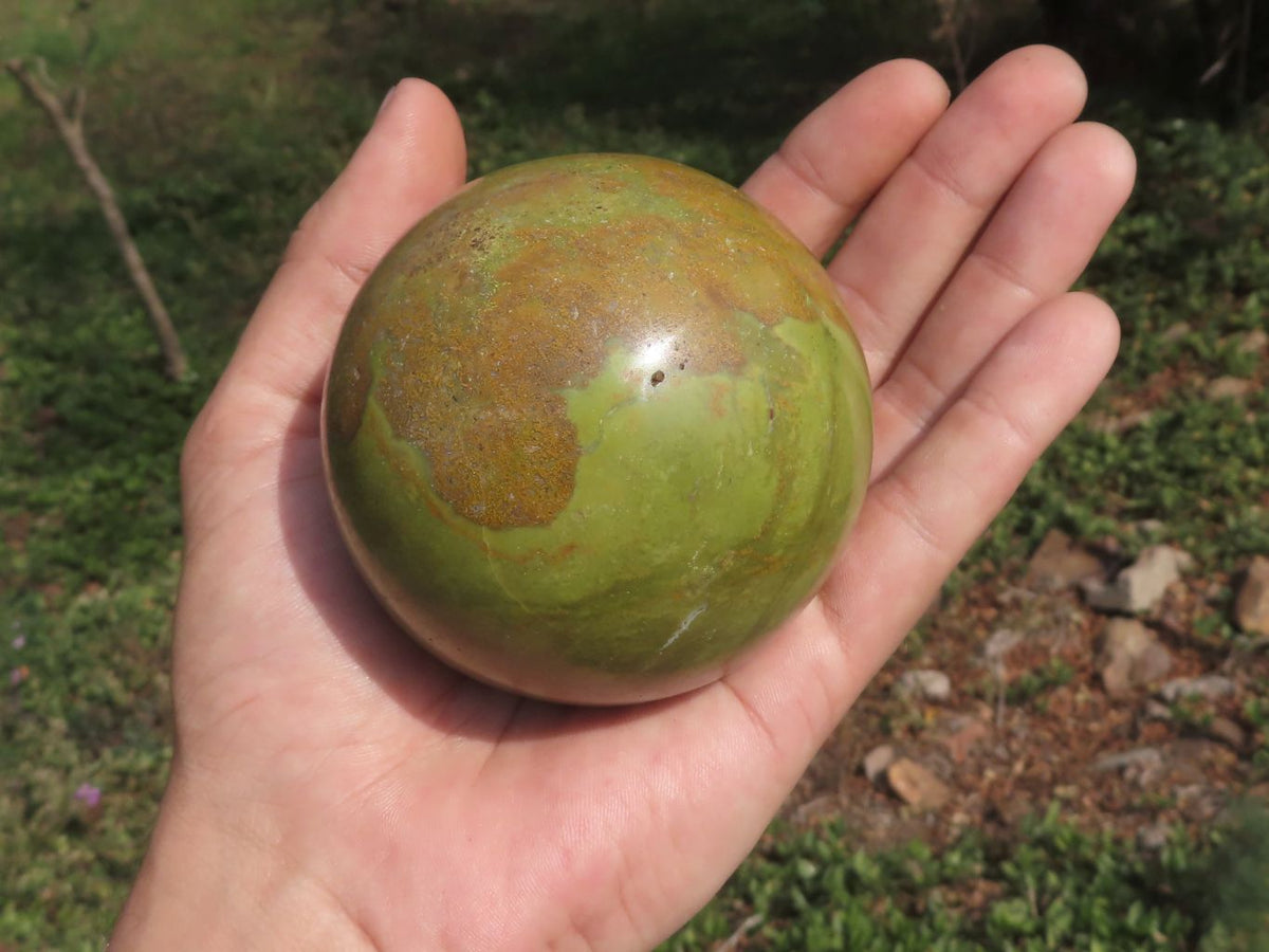 Polished Larger Light Weight Green Opal with Brown Patterns Spheres x 2 From Madagascar - TopRock