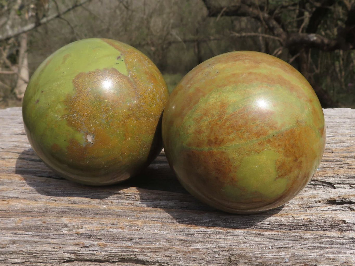 Polished Larger Light Weight Green Opal with Brown Patterns Spheres x 2 From Madagascar - TopRock