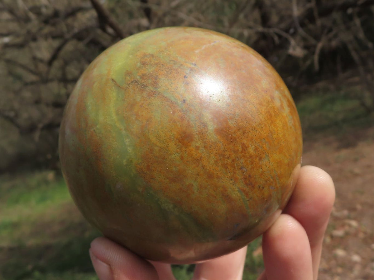 Polished Larger Light Weight Green Opal with Brown Patterns Spheres x 2 From Madagascar - TopRock