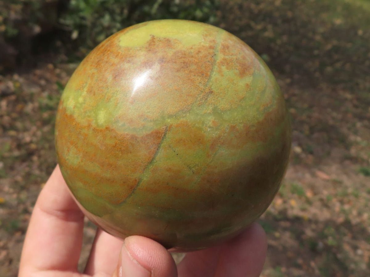 Polished Larger Light Weight Green Opal with Brown Patterns Spheres x 2 From Madagascar - TopRock