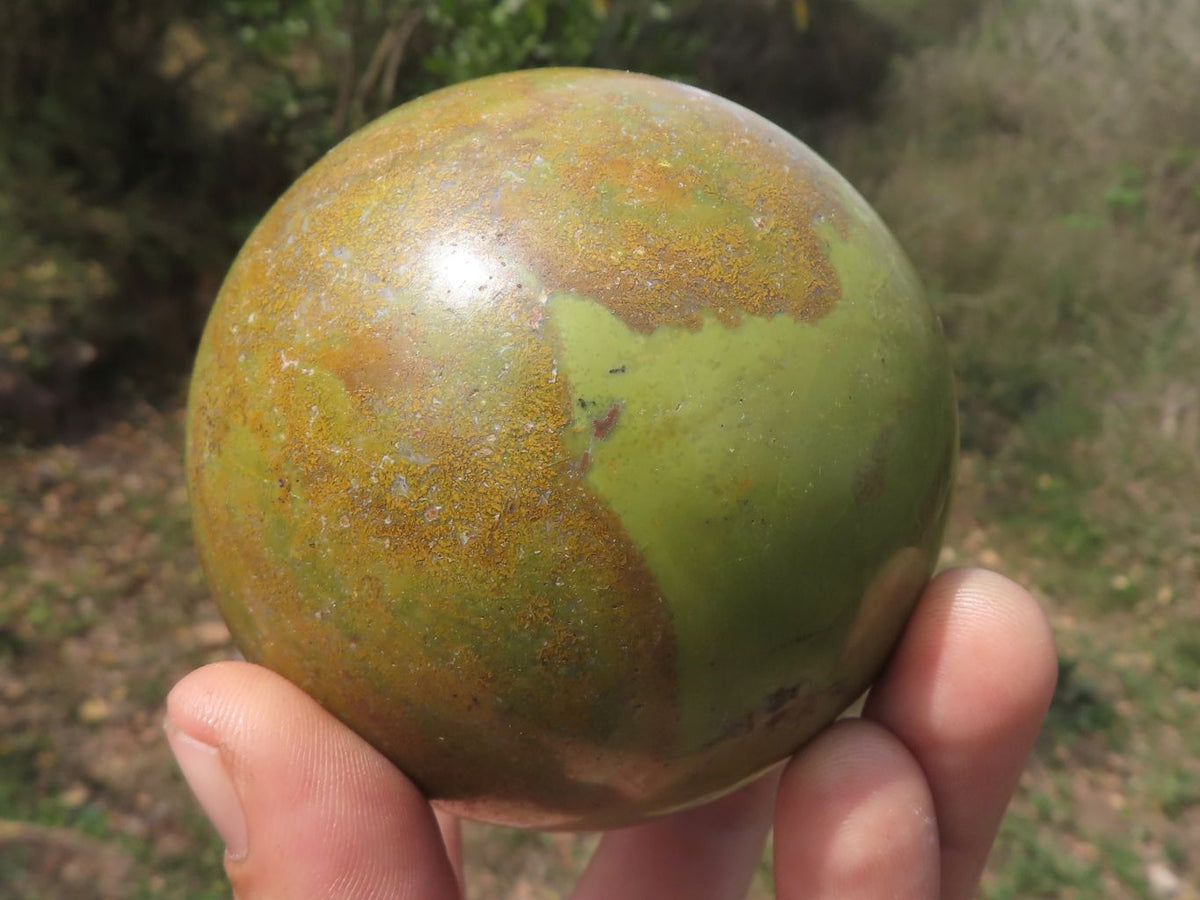 Polished Larger Light Weight Green Opal with Brown Patterns Spheres x 2 From Madagascar - TopRock