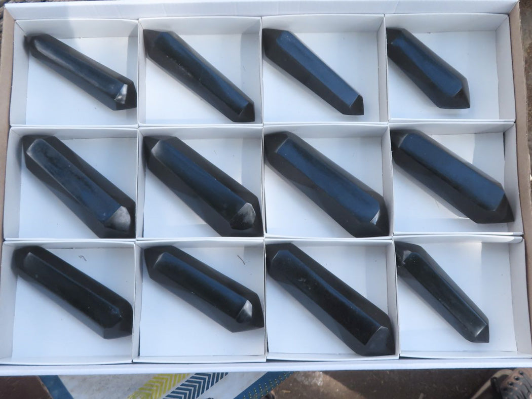 Polished Double Terminated Black Basalt Points (Heat Stable for therapy) x 12 From Madagascar - TopRock
