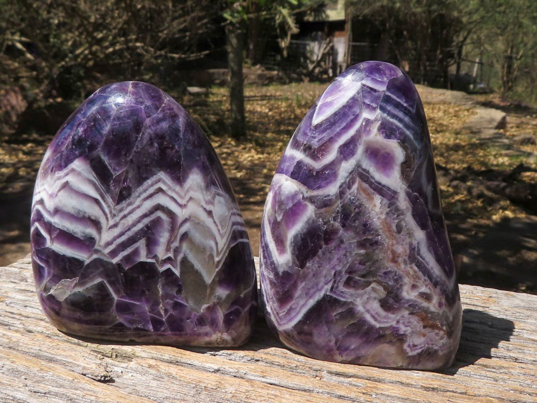 Polished Beautifully Patterned Chevron Amethyst Standing Free Forms With Smokey & White Quartz x 2 From Zambia - TopRock