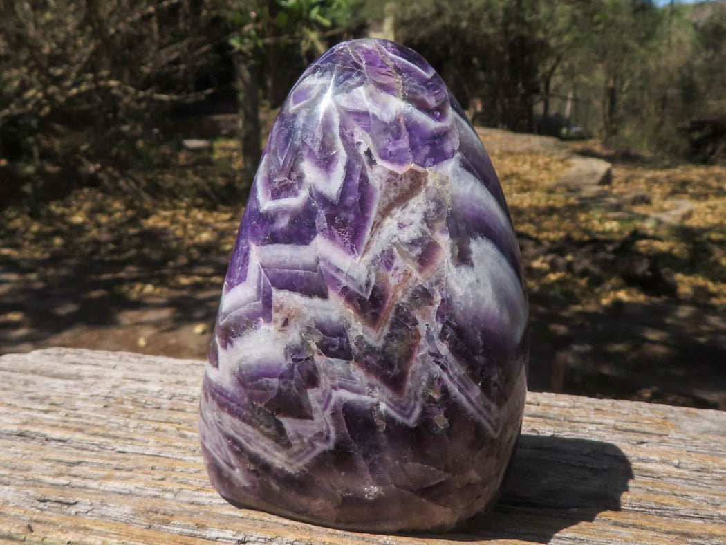Polished Beautifully Patterned Chevron Amethyst Standing Free Forms With Smokey & White Quartz x 2 From Zambia - TopRock