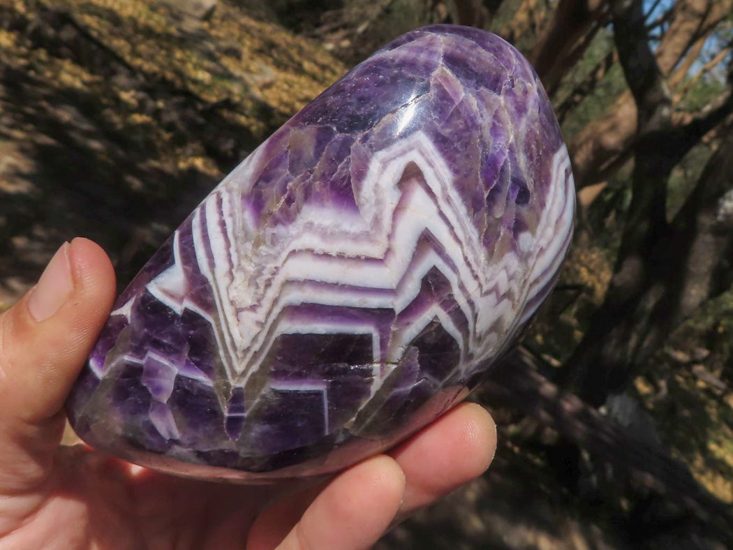 Polished Beautifully Patterned Chevron Amethyst Standing Free Forms With Smokey & White Quartz x 2 From Zambia - TopRock