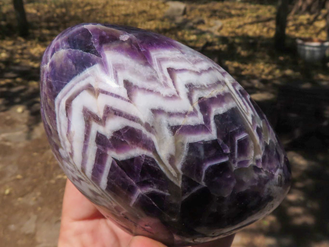 Polished Beautifully Patterned Chevron Amethyst Standing Free Forms With Smokey & White Quartz x 2 From Zambia - TopRock