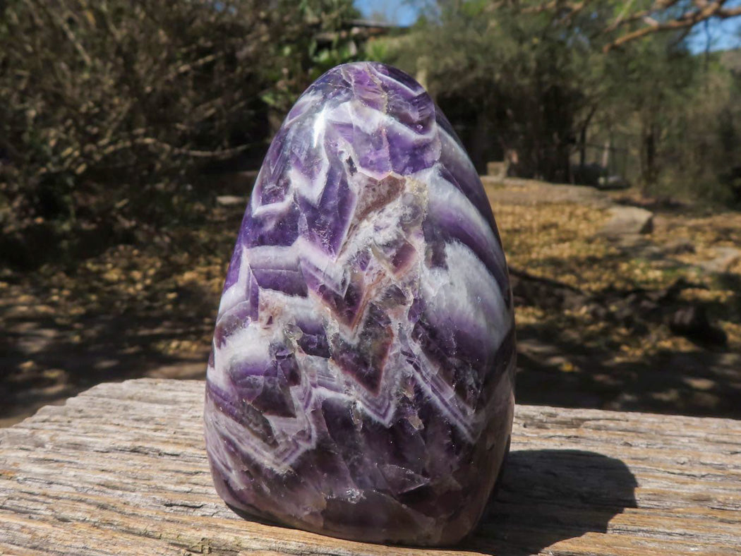 Polished Beautifully Patterned Chevron Amethyst Standing Free Forms With Smokey & White Quartz x 2 From Zambia - TopRock