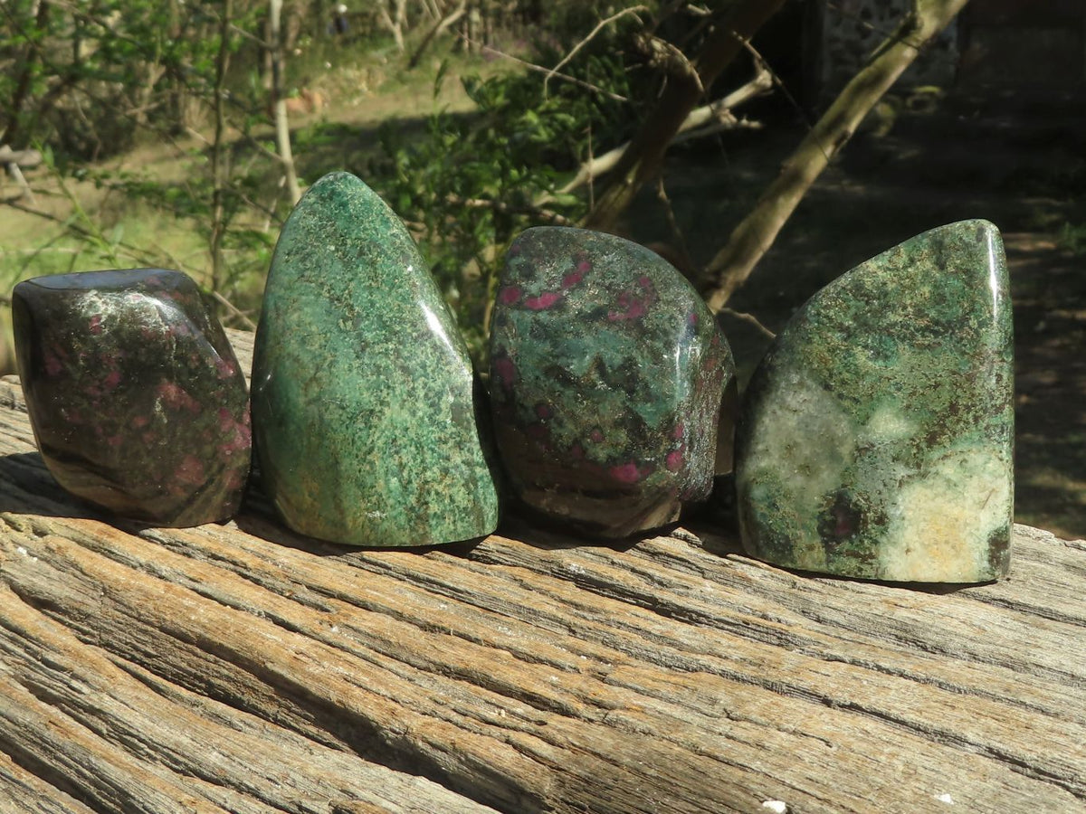 Polished Rare Fluorescent Green Verdite Ruby Corundum Free Forms x 4 From Zimbabwe - TopRock