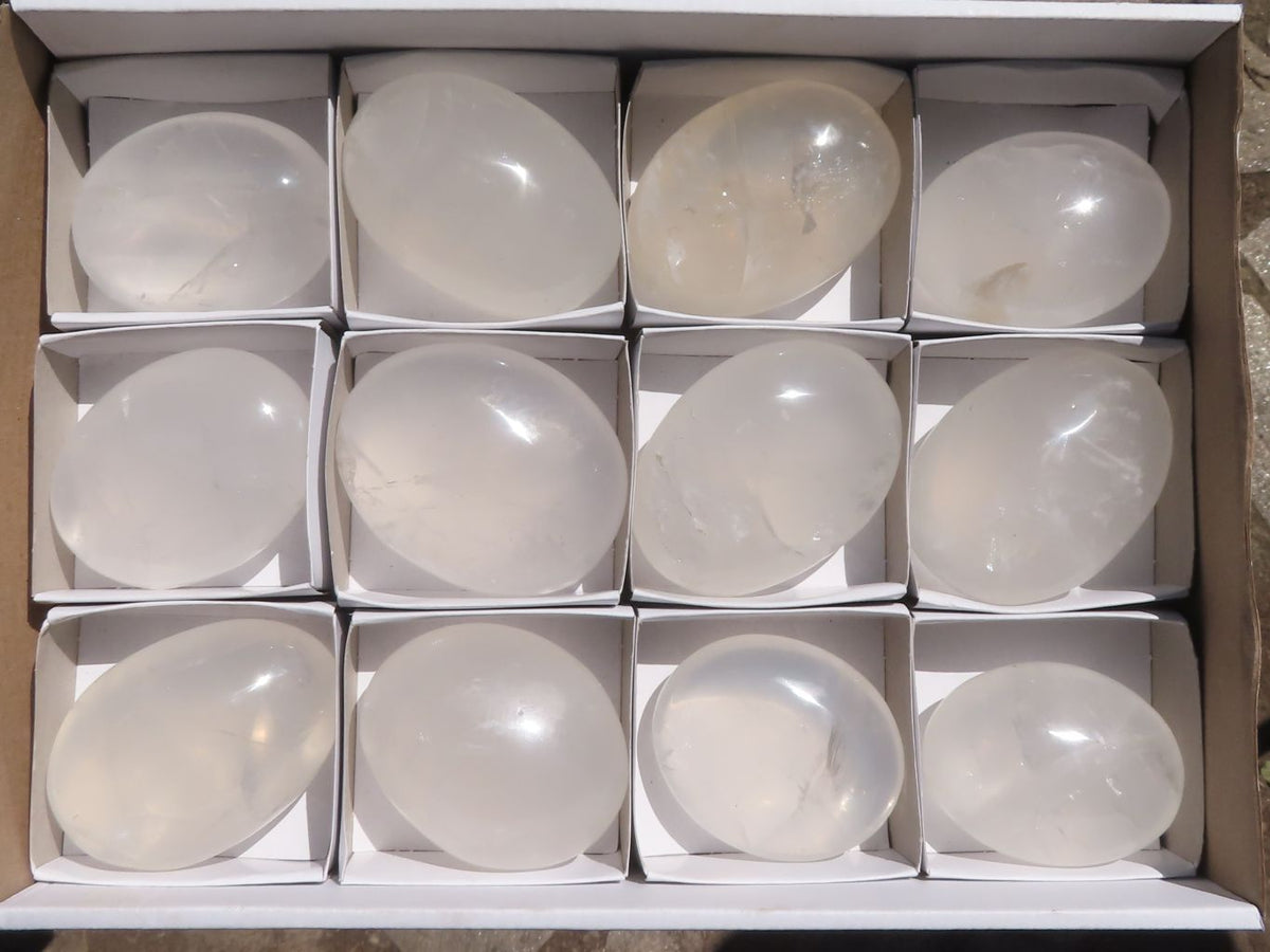 Polished Large Girasol Pearl Quartz Palm Stones x 12 From Madagascar - TopRock