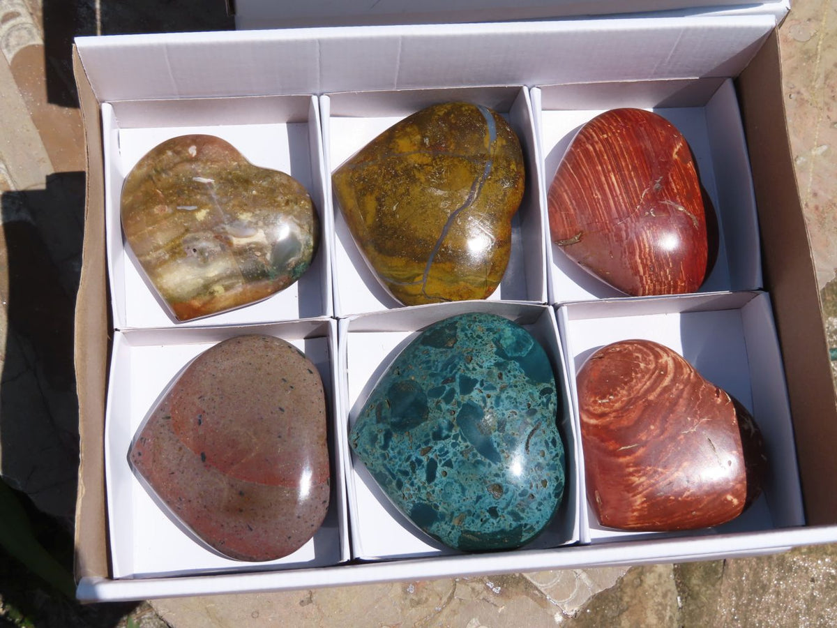 Polished Mixed Jasper Hearts x 6 From Madagascar - TopRock