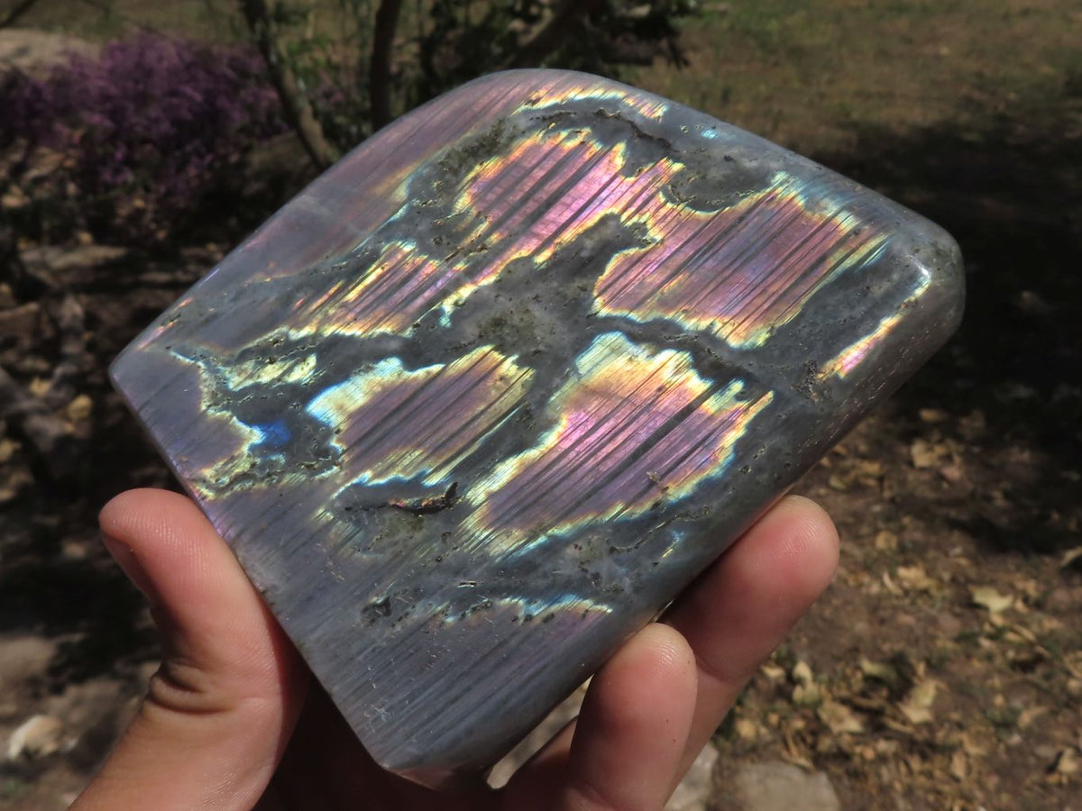 Polished Stunning Labradorite Standing Free Forms With Blue / Silver & Purple Sunset Flash x 2 From Tulear, Madagascar - TopRock