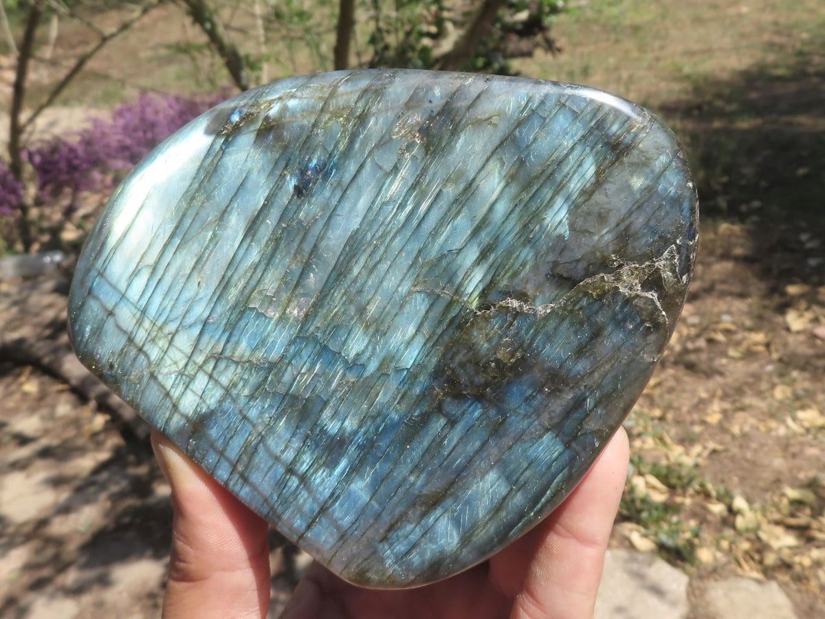 Polished Stunning Labradorite Standing Free Forms With Blue / Silver & Purple Sunset Flash x 2 From Tulear, Madagascar - TopRock