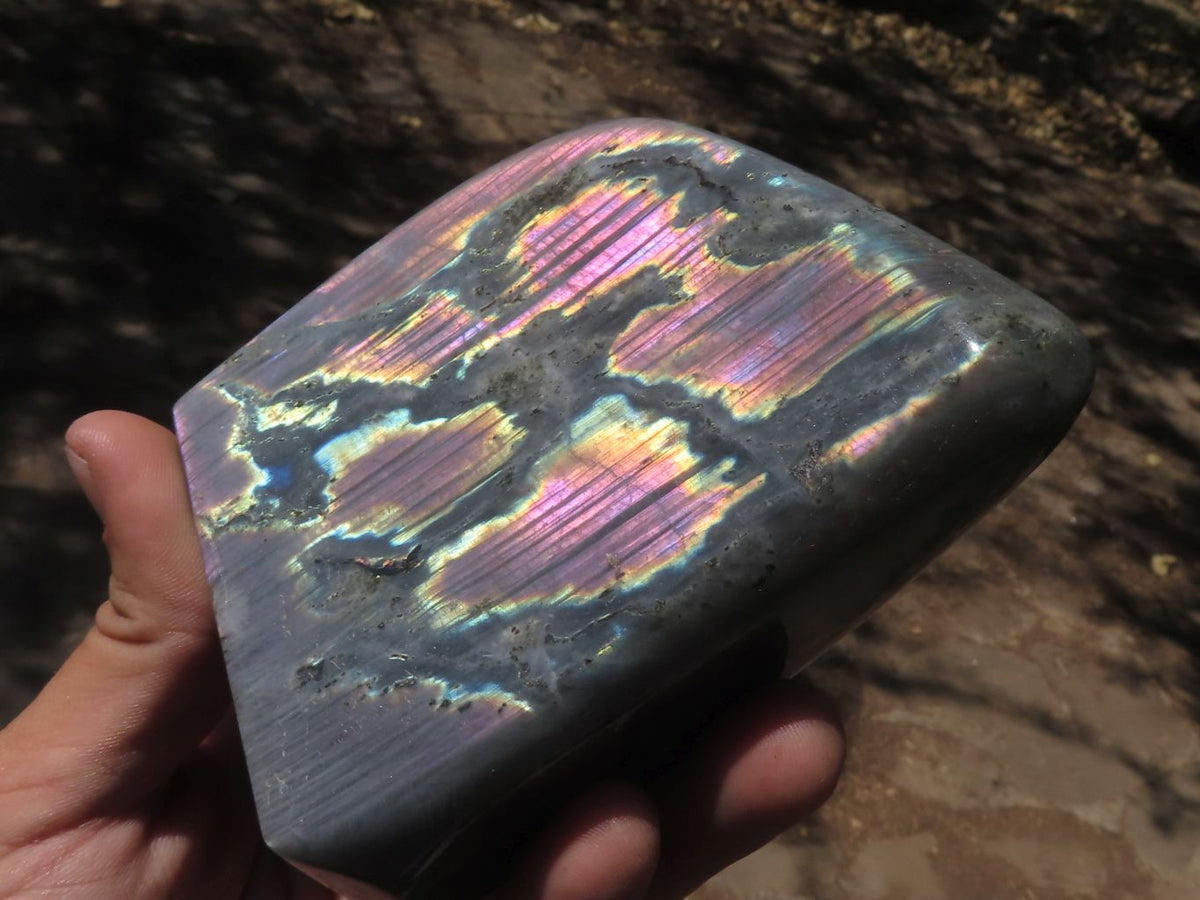 Polished Stunning Labradorite Standing Free Forms With Blue / Silver & Purple Sunset Flash x 2 From Tulear, Madagascar - TopRock