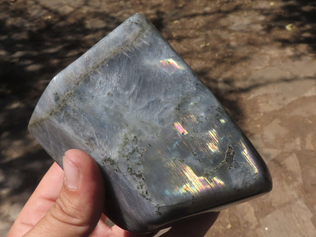 Polished Stunning Labradorite Standing Free Forms With Blue / Silver & Purple Sunset Flash x 2 From Tulear, Madagascar - TopRock