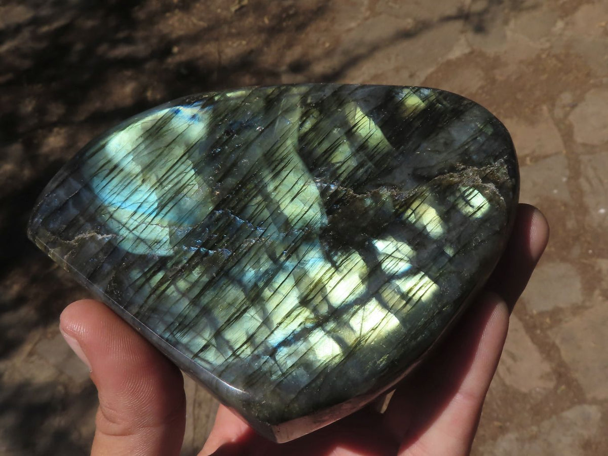 Polished Stunning Labradorite Standing Free Forms With Blue / Silver & Purple Sunset Flash x 2 From Tulear, Madagascar - TopRock