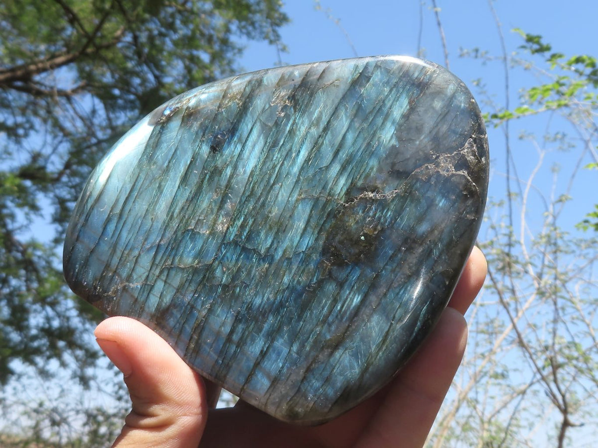 Polished Stunning Labradorite Standing Free Forms With Blue / Silver & Purple Sunset Flash x 2 From Tulear, Madagascar - TopRock
