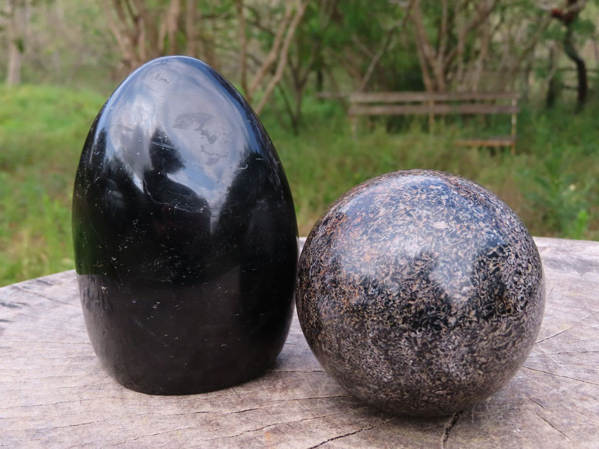 Polished Black Tourmaline In Matrix Sphere & Standing Free Form x 2 From Madagascar - TopRock