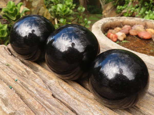 Polished Schorl Black Tourmaline Spheres  x 3 From Madagascar - Toprock Gemstones and Minerals 