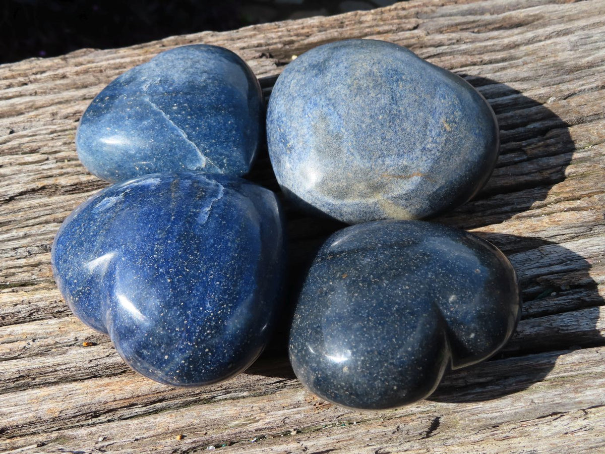 Polished Puffy Lazulite (Magnesium, Iron, and Aluminium Phosphate) Hearts x 4 From Madagascar - TopRock