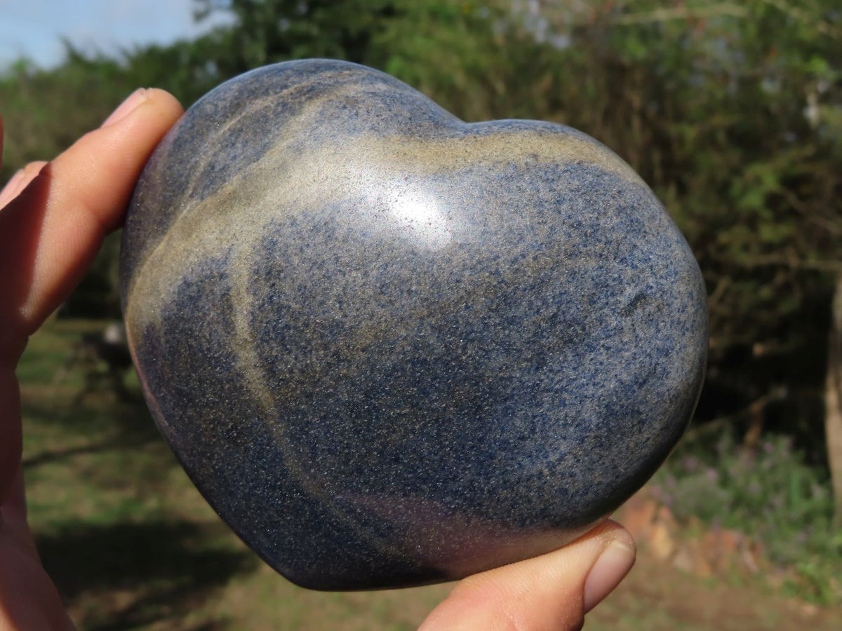 Polished Puffy Lazulite (Magnesium, Iron, and Aluminium Phosphate) Hearts x 4 From Madagascar - TopRock