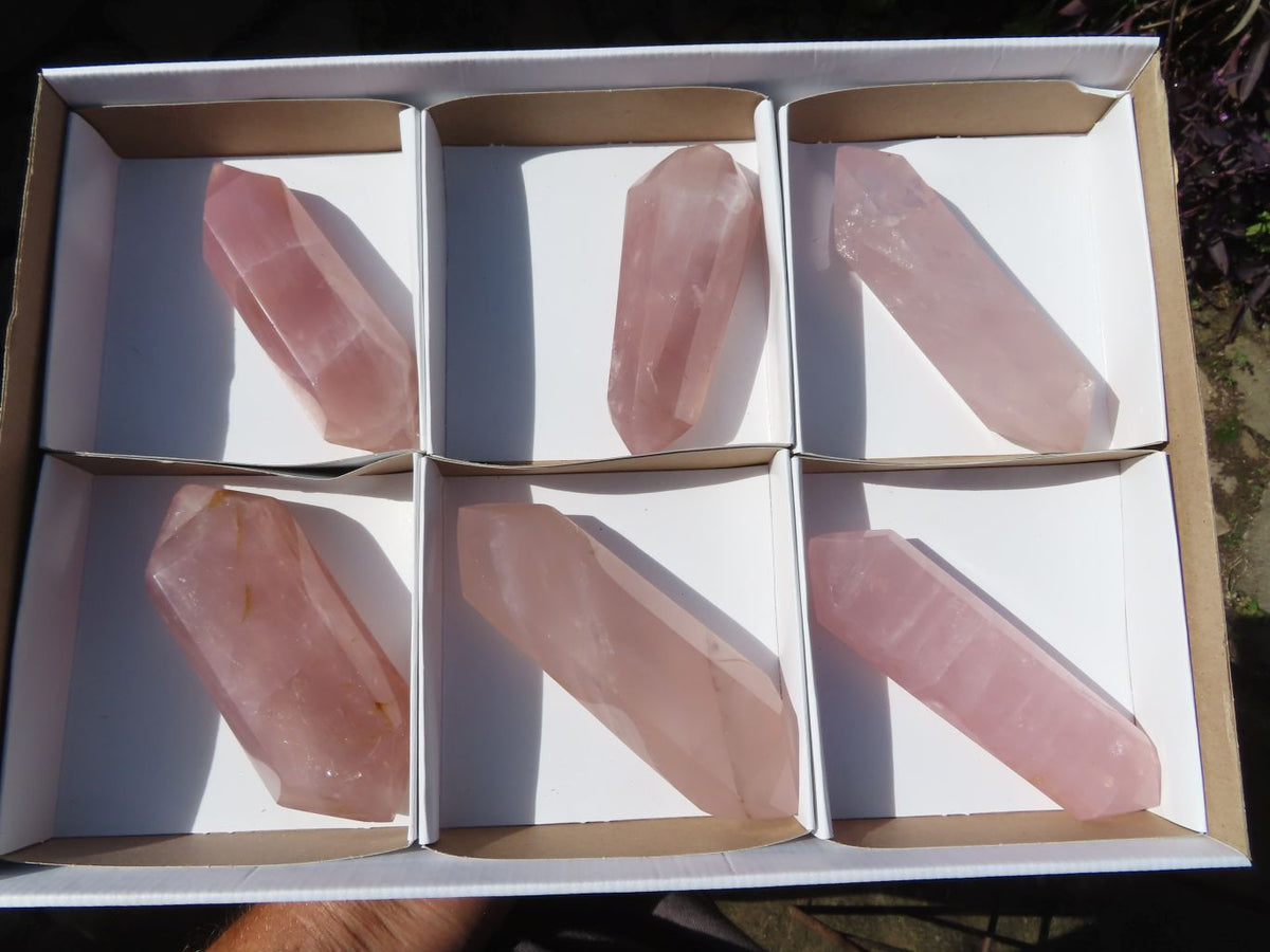 Polished Super Gemmy Pink Rose Quartz Double Terminated Points x 6 From Madagascar - TopRock