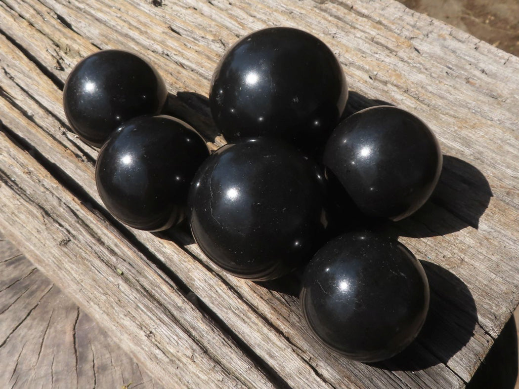 Polished Pitch Black Basalt Spheres x 6 From Madagascar - TopRock