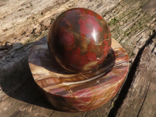 Polished Petrified Red Podocarpus Wood Sphere & Bowl Set x 2 From Mahajanga, Madagascar - TopRock